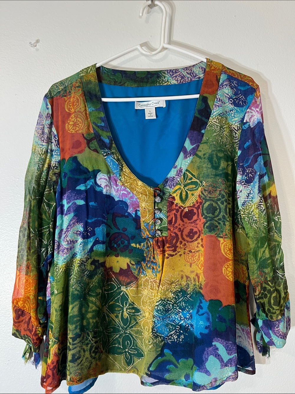 Coldwater Creek Blue Green Multi-Color Patchwork Tunic